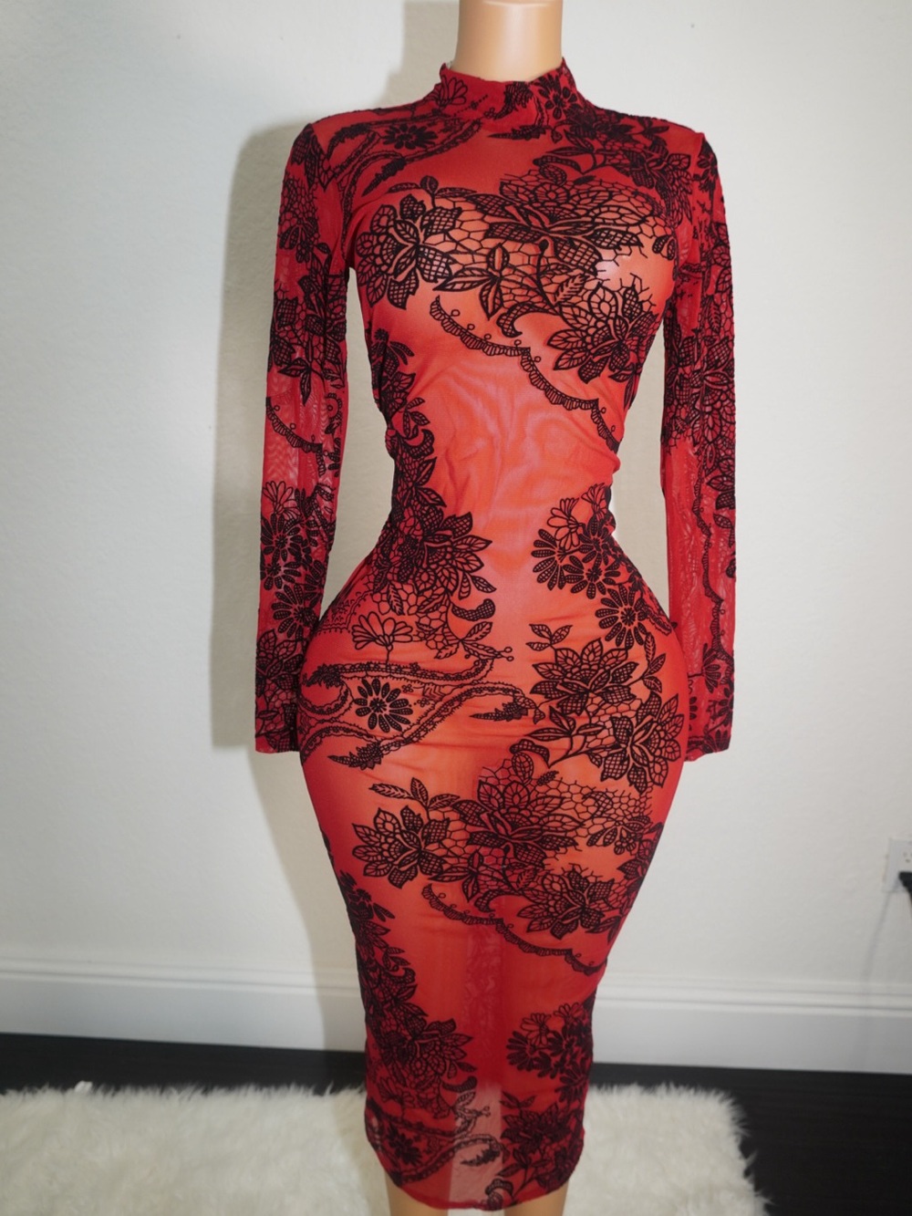 Red Sheer Mesh Floral Midi Dress with High Neck